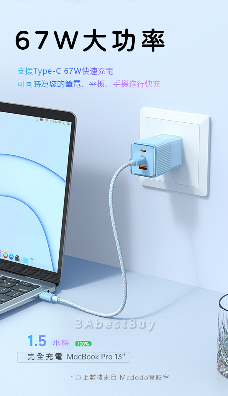 【3AbestBuy】馬卡龍Mcdodo67WGaN氮化鎵 PD充電器(支援筆電快充)