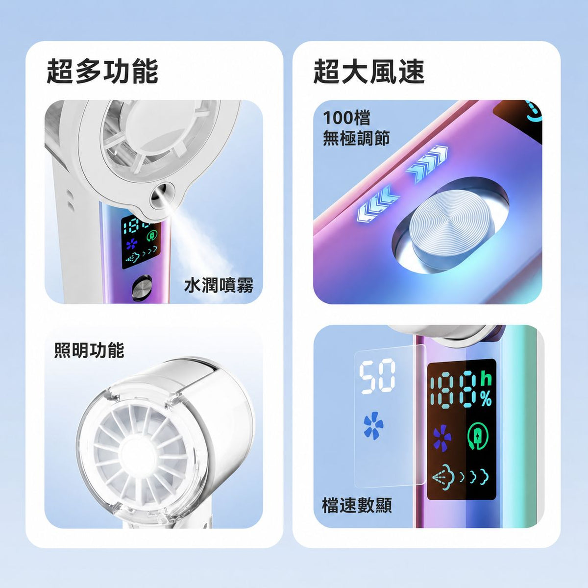 【3AbestBuy】細緻水霧無極百檔風量手持風扇(手燈功能)