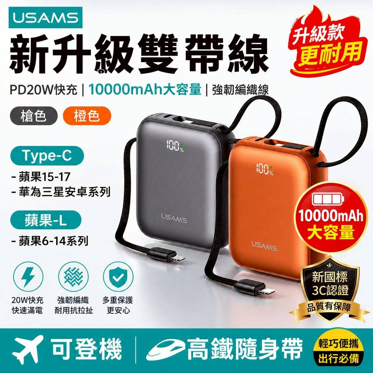 【3AbestBuy】USAMS 升級款 雙自帶雙編織線行動電源